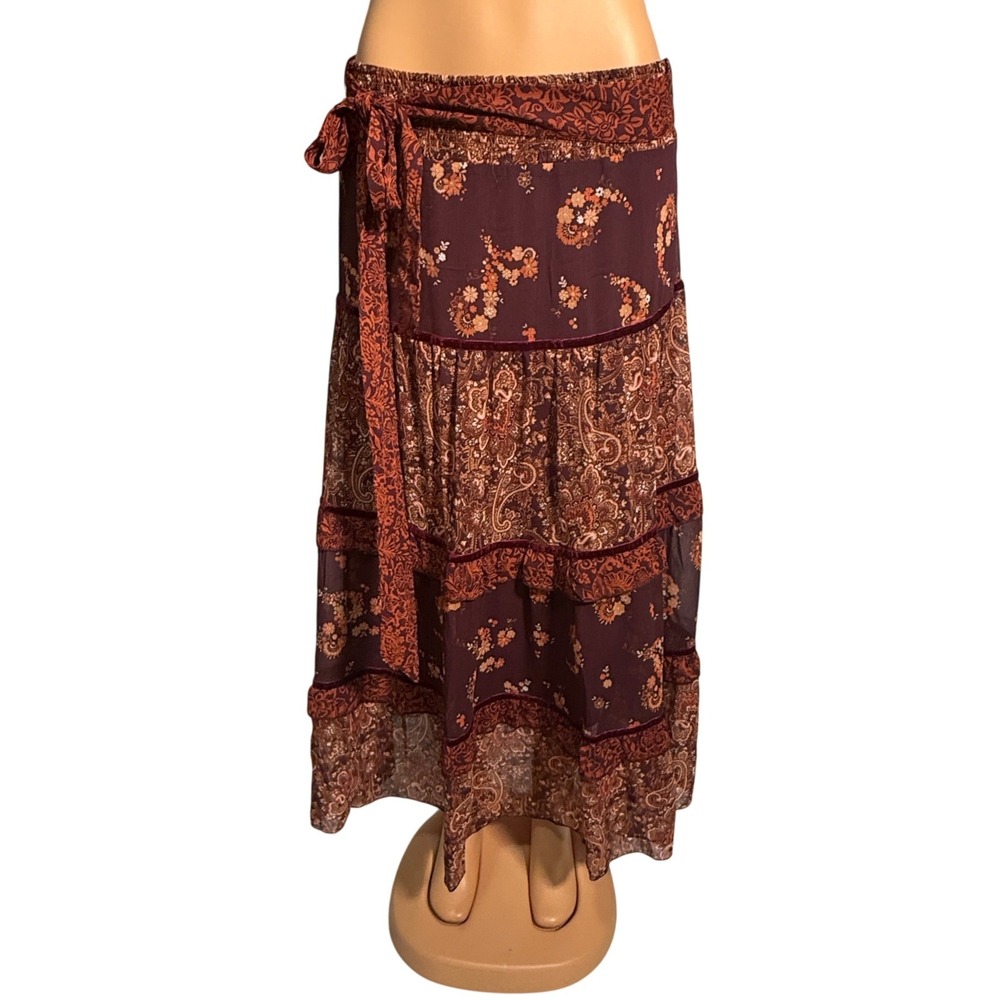 Cato Maxi Skirt Womens Small Burgundy Orange Paisley Tiered Boho